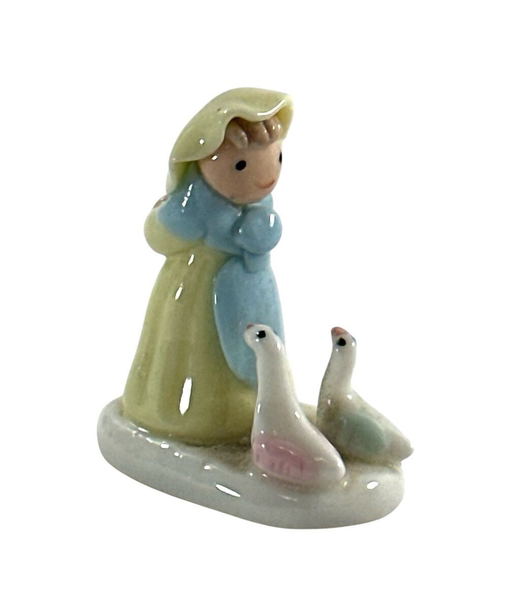 Miniature Ceramic Girl with Geese Figurine Pastel Farm Goose 1.25”